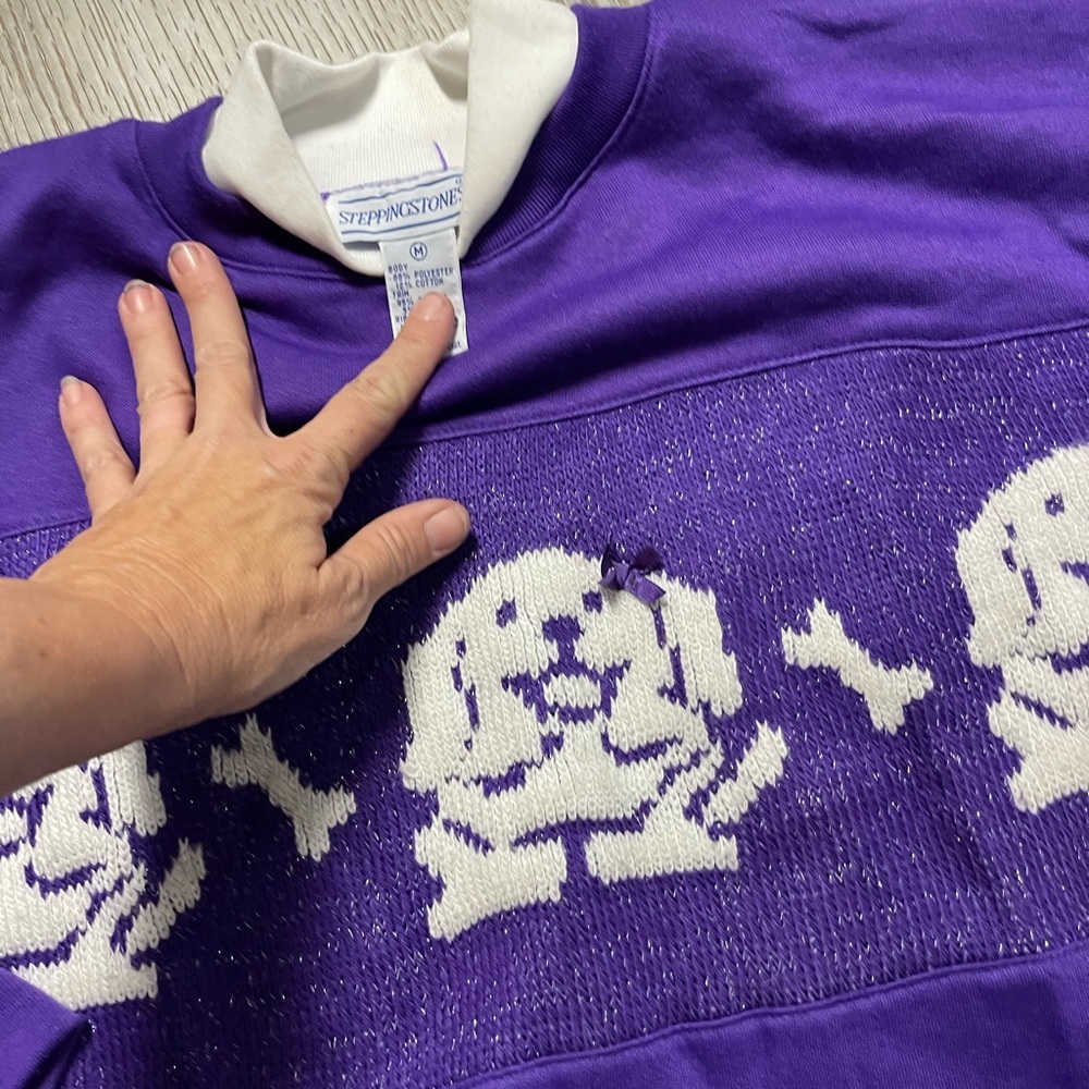 Vintage 70s 80s faux turtleneck purple knit sweatshirt grandma wear dogs M - Picture 3 of 6
